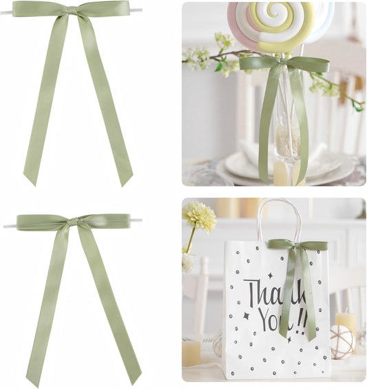 50 PCs Sage Green Bow 5 Inch Long Tail Bows for Gift Wrapping, Wedding Bow Party Decorations, Twist Tie Bows, Satin Bows for Crafts, Premade Bows for Presents, Treat Bags, Bottles, Cakes
