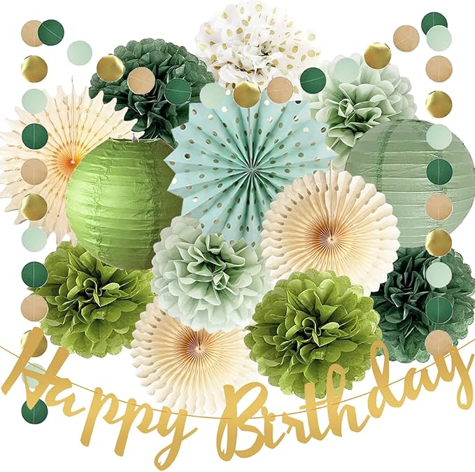 Olive Sage Green Birthday Party Decorations Sage Birthday Party Décor Tissue Paper Pom Poms Flowers Paper Fans Circle Dot Garlands Olive Green Party Neutral Birth day Decorations for Women Girls Boys