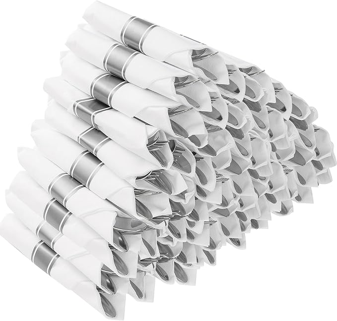 Goodluck 50 Pack Pre Rolled Silver Plastic Silverware, Wrapped Plastic Cutlery Set with Napkin Include 50 Forks, 50 Knives, 50 Spoons and 50 Napkins, Fancy Disposable Silverware for Party, Wedding