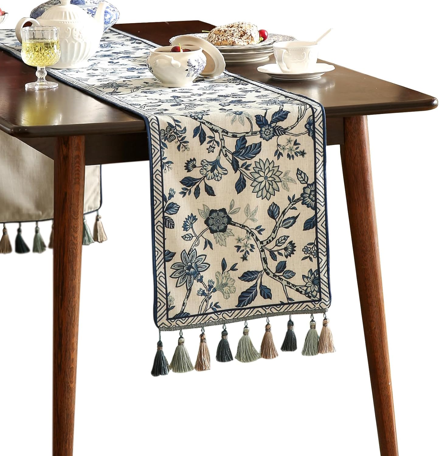 Decorative Linen Table Runner 87 Inches Long,Chinoiserie Blue Floral Cloth Runner for Coffee Table Decor Tabletop Table Runners for Kitchen,Dining,Party,Home,Christmas,12"*87"