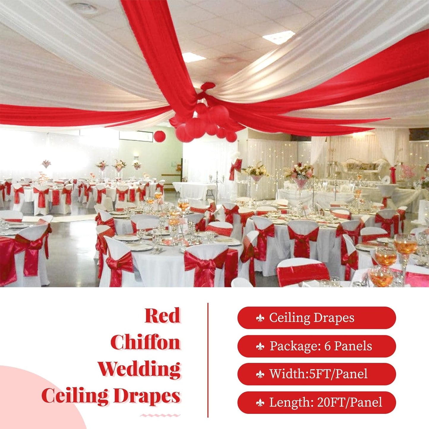 6 Panels Red Wedding Ceiling Drapes 5ftx20ft Ceiling Drapes Chiffon Fabric Arch Draping Sheer Curtains Soft Drapery Draping Wedding Ceiling Decorations for Party Ceremony Stage Swag