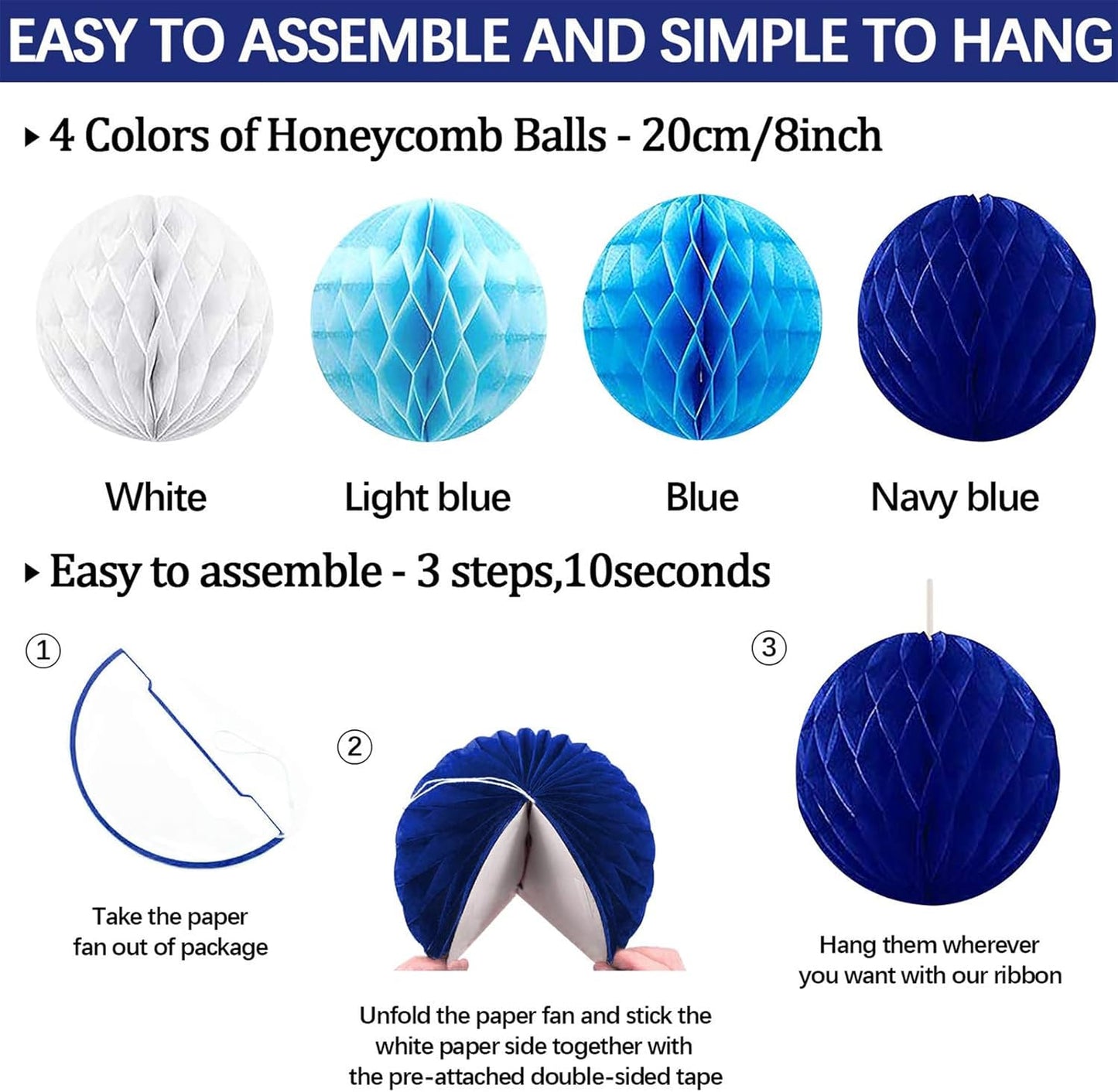 Navy Blue Birthday Party Decoration, 24Pcs Hanging Paper Fans, Pom Poms Flowers, Garland String Polka Dot, Happy birthday Banner and Triangle Bunting Flag Packs for Birthday Parties,and Baby Shower