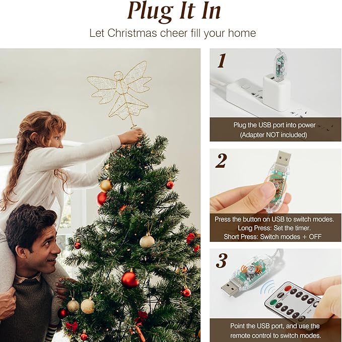 Lewondr Christmas Tree Topper Angel, USB Powered Remote Controlled 9.8 Inch Glittering Angel Christmas Tree Topper, 6H Timer Christmas Tree Angel Topper with Lights for Xmas Home Holiday Party, Gold