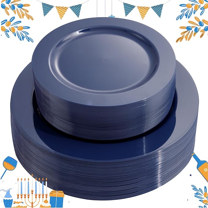 FLOWERCAT 100PCS Blue Plastic Plates - Heavy Duty Blue Disposable Plates for Possover Party/Wedding/Hanukkah - Include 50PCS 10.25inch Dinner and 50PCS 7.5inch Dessert/Salad Plates for 50 Guests