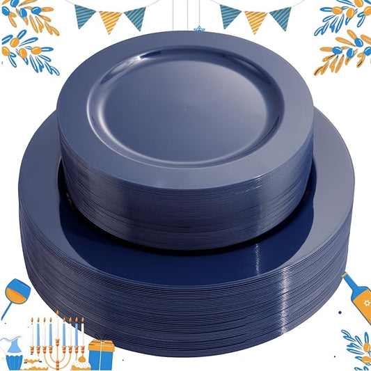 FLOWERCAT 100PCS Blue Plastic Plates - Heavy Duty Blue Disposable Plates for Possover Party/Wedding/Hanukkah - Include 50PCS 10.25inch Dinner and 50PCS 7.5inch Dessert/Salad Plates for 50 Guests