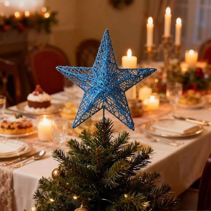 Christmas Star Tree Topper Glittering Hollow Star Topper Decoration for Xmas Tree Ornament Party Supplies(Sky Blue,9.8 Inch)