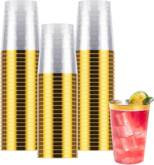 Goodluck 50PCS 10oz Gold Plastic Cups for Party, Disposable Gold Rim Cups, Plastic Cocktail Glasses for Wedding Thanksgiving, Christmas, and Parties