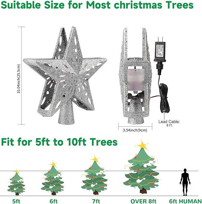 Christmas Tree Topper Star: Lighted with 6 Projected Patterns Snowflake Projector Lights-3D Hollow Glitter LED Magic Rotating Light for Christmas Tree Decorations Ornament Silver