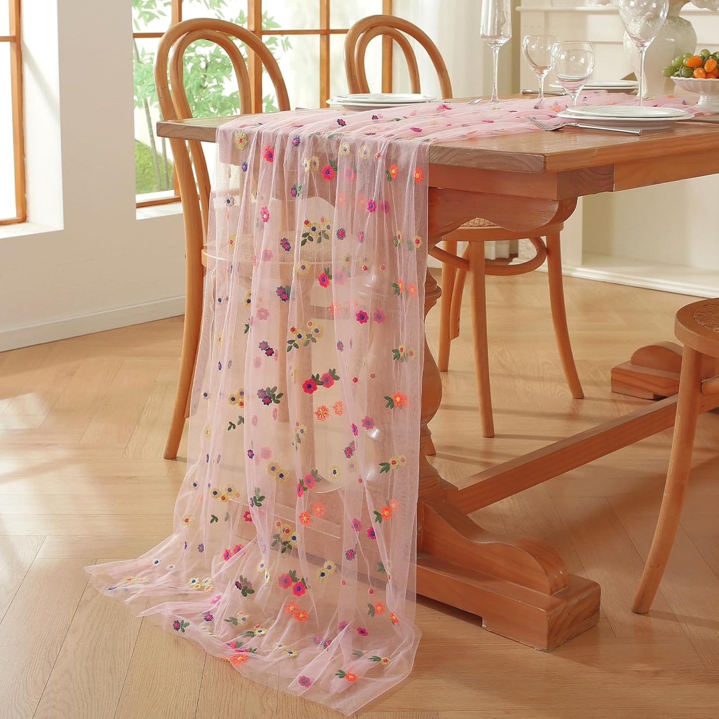 Pink Embroidery Daisy Fall Table Runner 120Inch 10FT Florals Soft Sheer Tulle Fabric Table Runner for Home Decor, Brithday, Wedding, Baby Shower ,Holiday ,Parties, DIY Craft,3PC