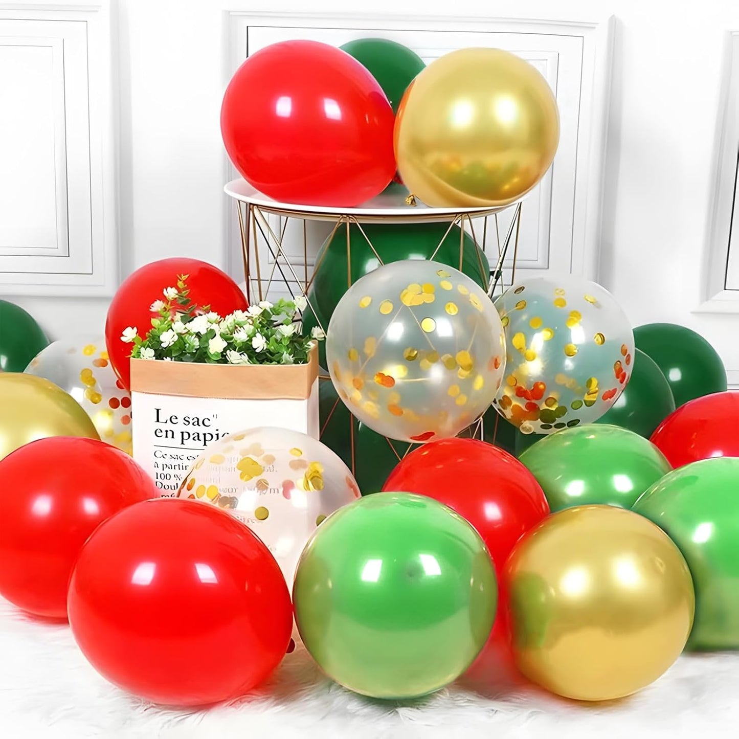 Patimate Red Green Christmas Balloons Set, 50 pcs 12 inch Metallic Gold Lime Forest Green Red Gold Confetti Latex Balloons Kit for Christmas Grinch Birthday Baby Shower Party Decorations