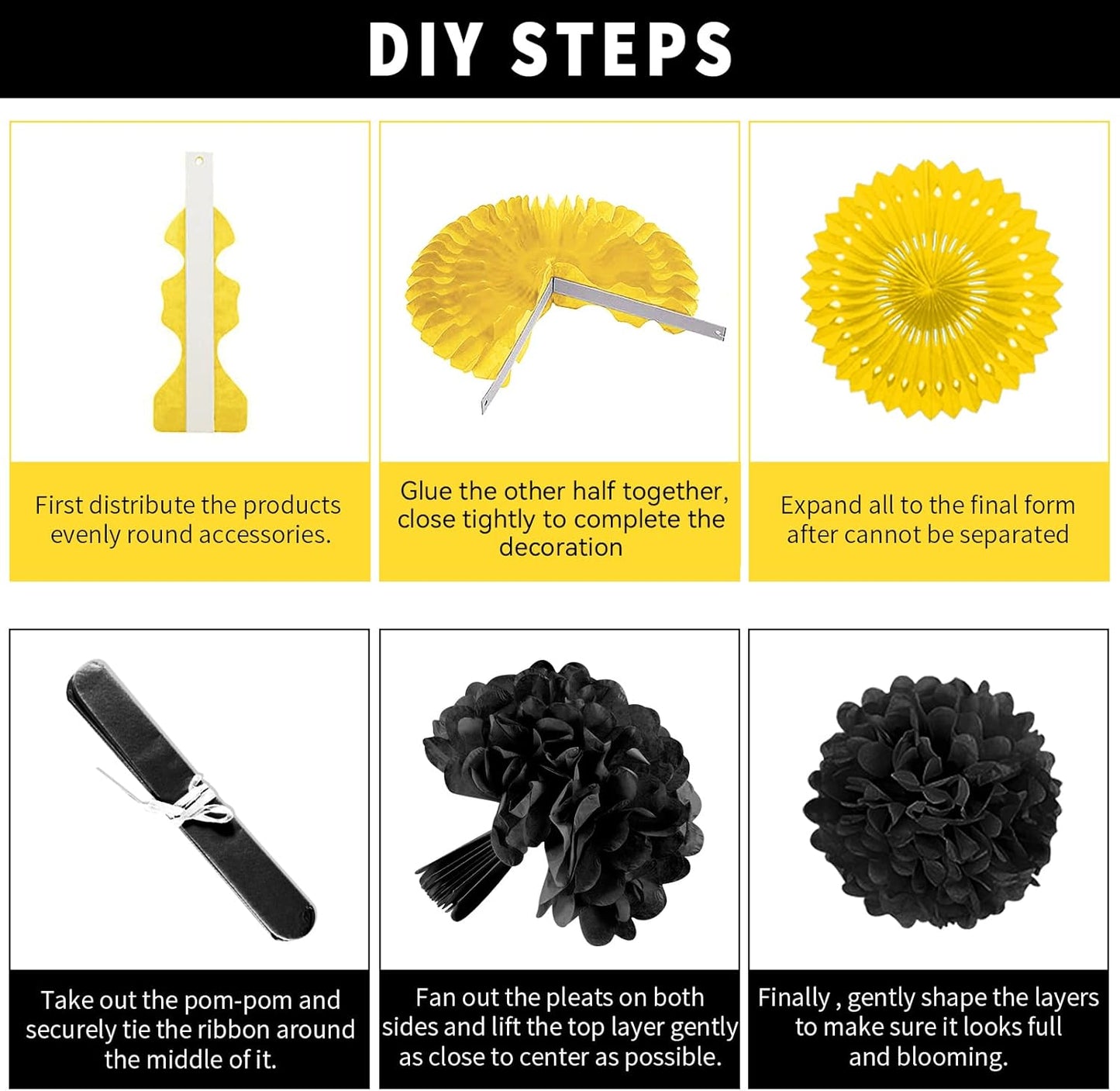 Black and Yellow Party Decorations, 23Pcs Hanging Paper Fans Birthday Decorations with Black Pom Poms Flowers for Boy Birthday, Bridal Shower, Baby Showers, Wedding