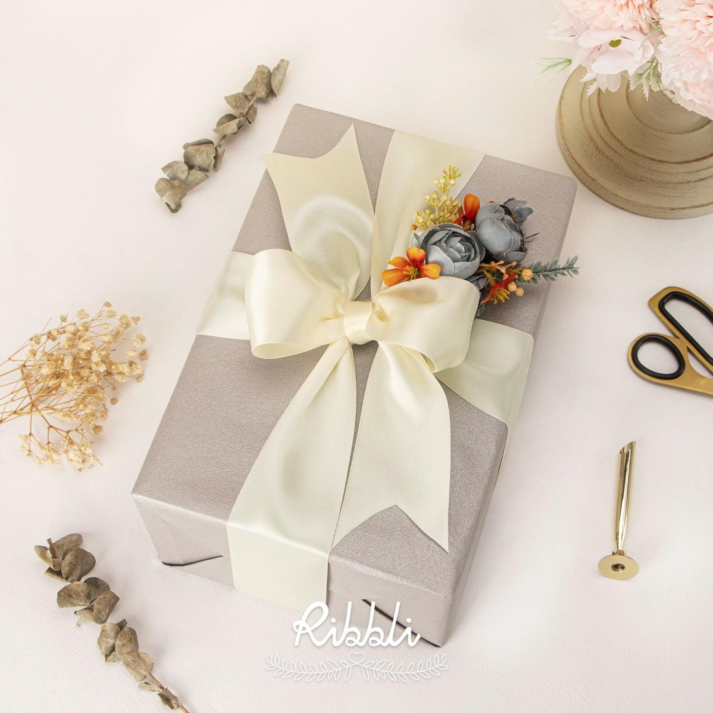 Ribbli Ivory Double Faced Satin Ribbon, 2” x Continuous 10 Yards,Use for Bows Bouquet,Gift Wrapping,Floral Arrangement,Wedding Decoration