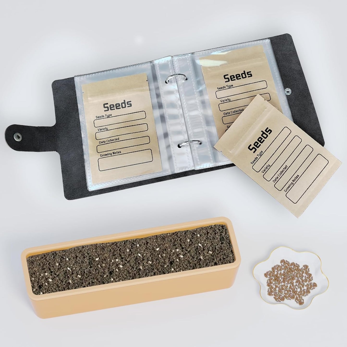 Seed Organizer Binder with 50 PCS Resealable Seed Envelopes - 50 Storage Pockets, 3.5x5 Inch Clear Sleeves, Seed Saver for Garden Lover - Cyan