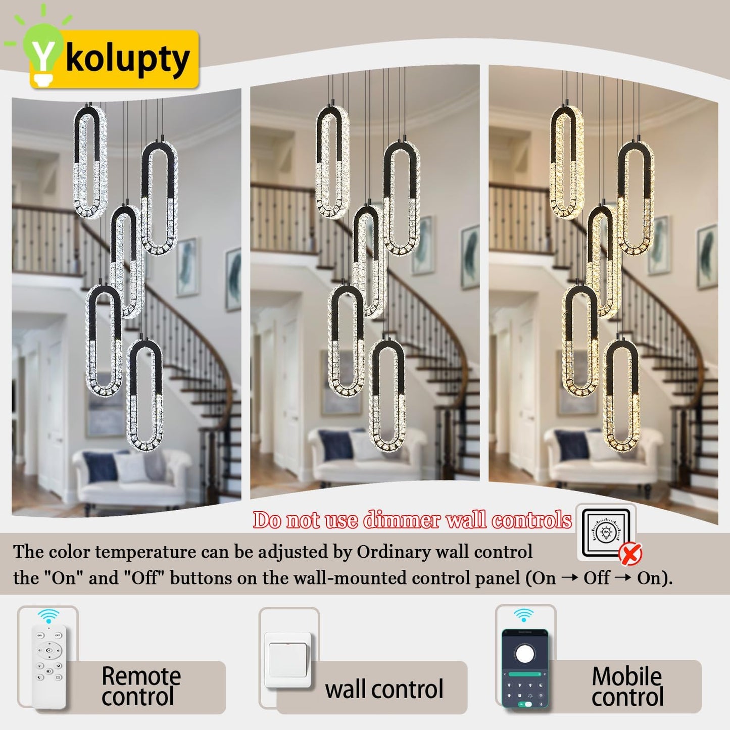 5 Rings Crystal Chandeliers for Staircase Large Pendants Light Fixture Black High Ceiling Chandelier for Entryway Bedroom Foyer 2700K-6000K