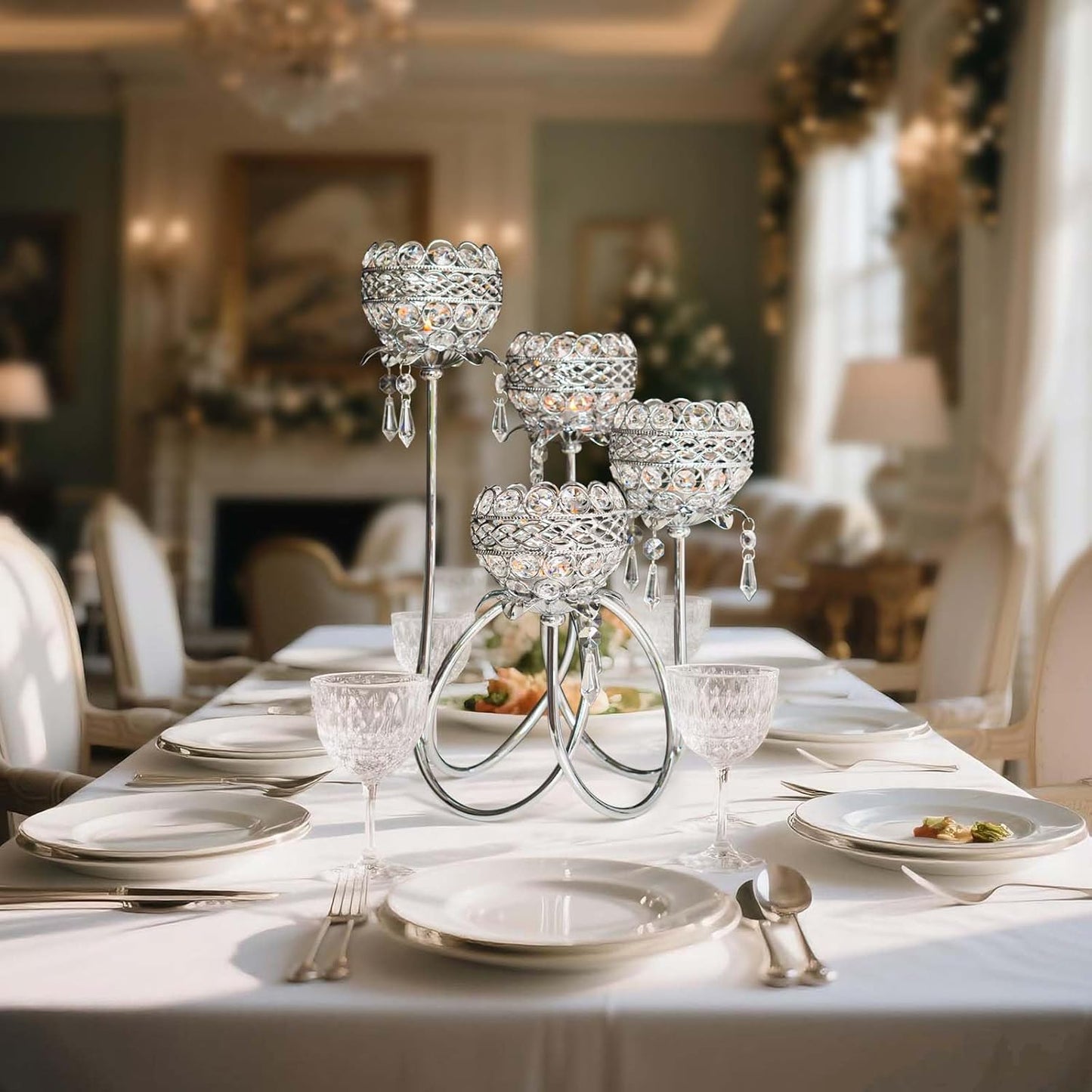4 Arms Crystal Candelabra Tealight Holder - Tall 15.7 Inch Elegant Tabletop Centerpiece with Crystal Pendant Bowls & Artistic Metal Stand for Wedding, Dining Table, Home Decor (2, Silver)