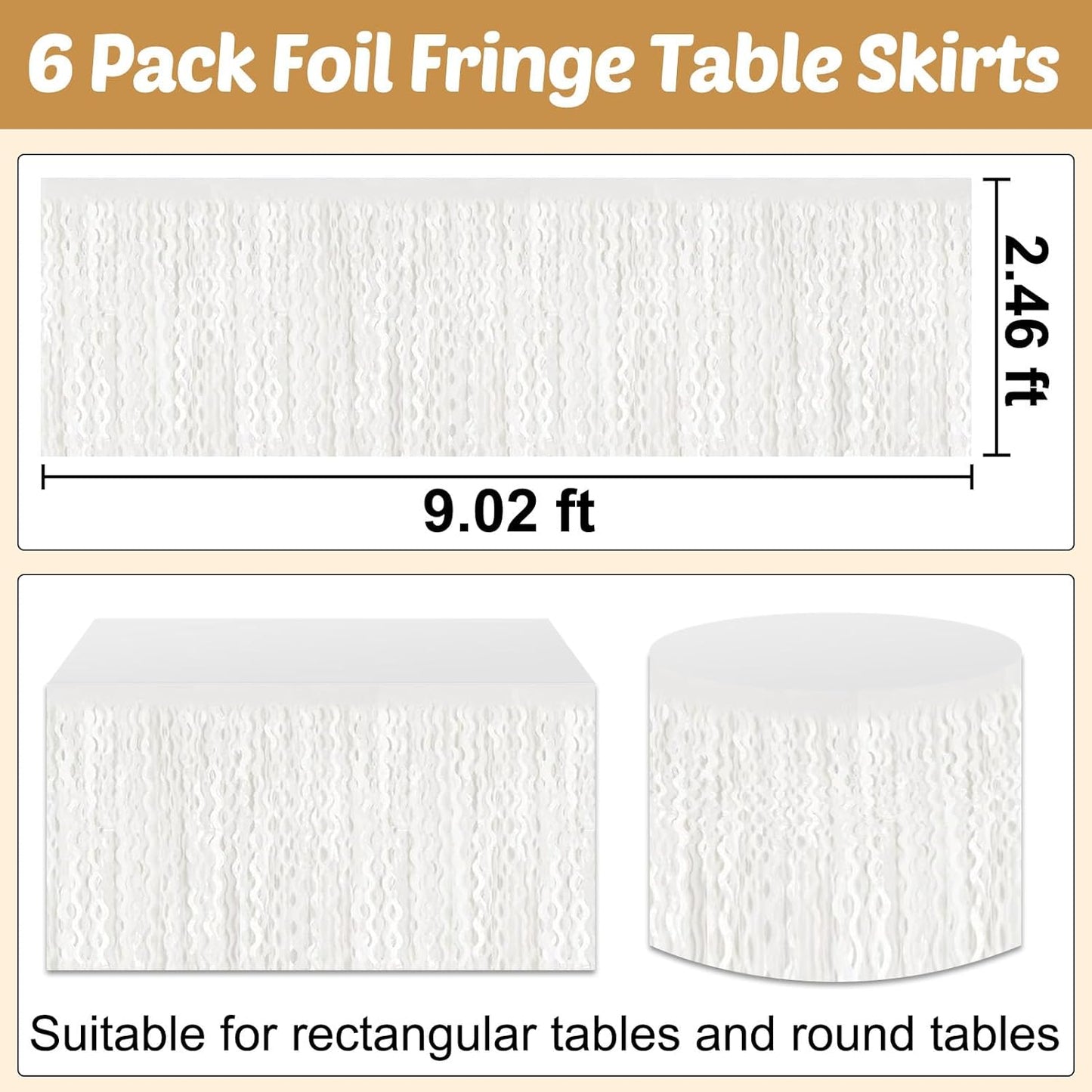 6 Pack 29x108 Inch Macaron White Wave Foil Fringe Table Skirts Metallic Banner for Tinsel Streamer Garland Backdrop for Parade Floats Wedding, Mother's Day, Birthday Mardi Gras Party Decorations