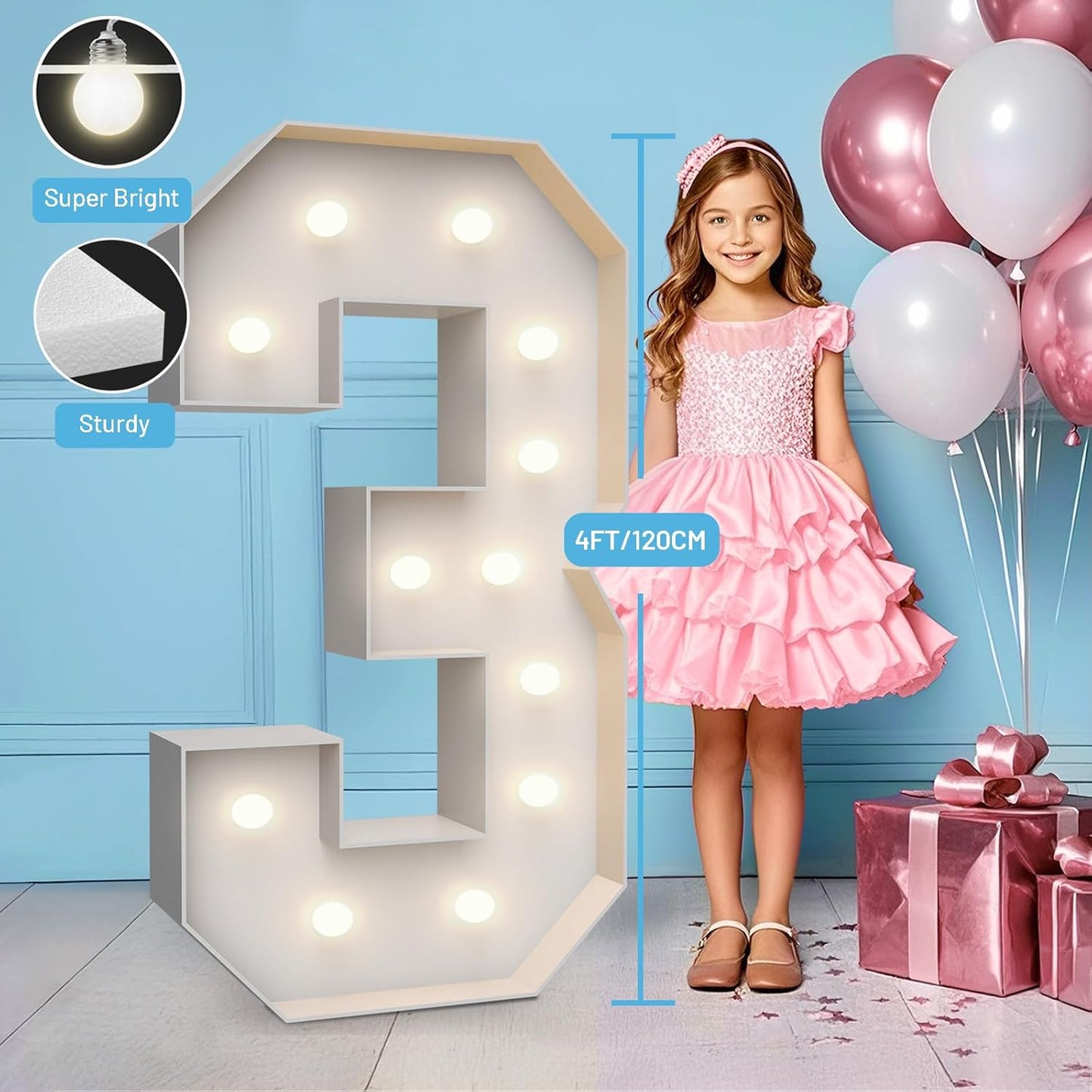 4FT Marquee Light Up Numbers 3,Party Decoration Large Marquee Light Up Letters with Weighted Water Bag,Pre-cut Foam Board Set Can Be Used for Birthdays,Weddings,Baby Anniversaries