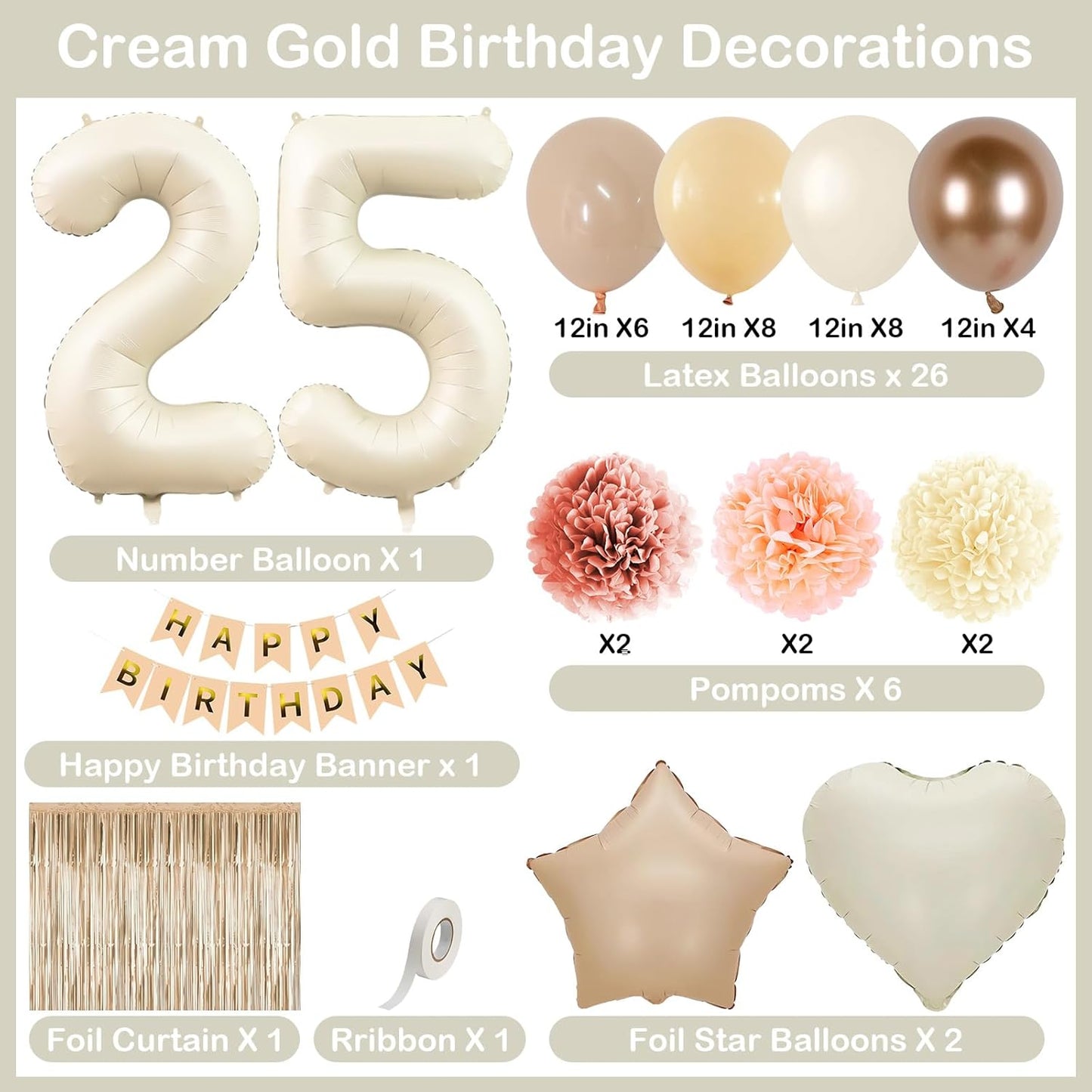 Beige 25th Birthday Decorations for Her Cream Number 25 Balloon Nude Gold Happy Birthday Banner Fringe Curtain Paper Pom Poms Blush White Sand Champagne Star Foil Balloons Neutral Boho Party Decor