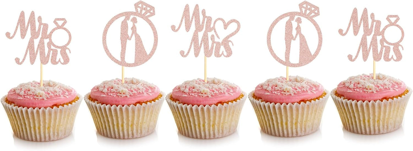 Sotpot 24PCS Miss to Mrs Cupcake Toppers with Ring Rose Gold Glitter for Wedding Bridal Shower Wedding Engagement Party Cake Decorations