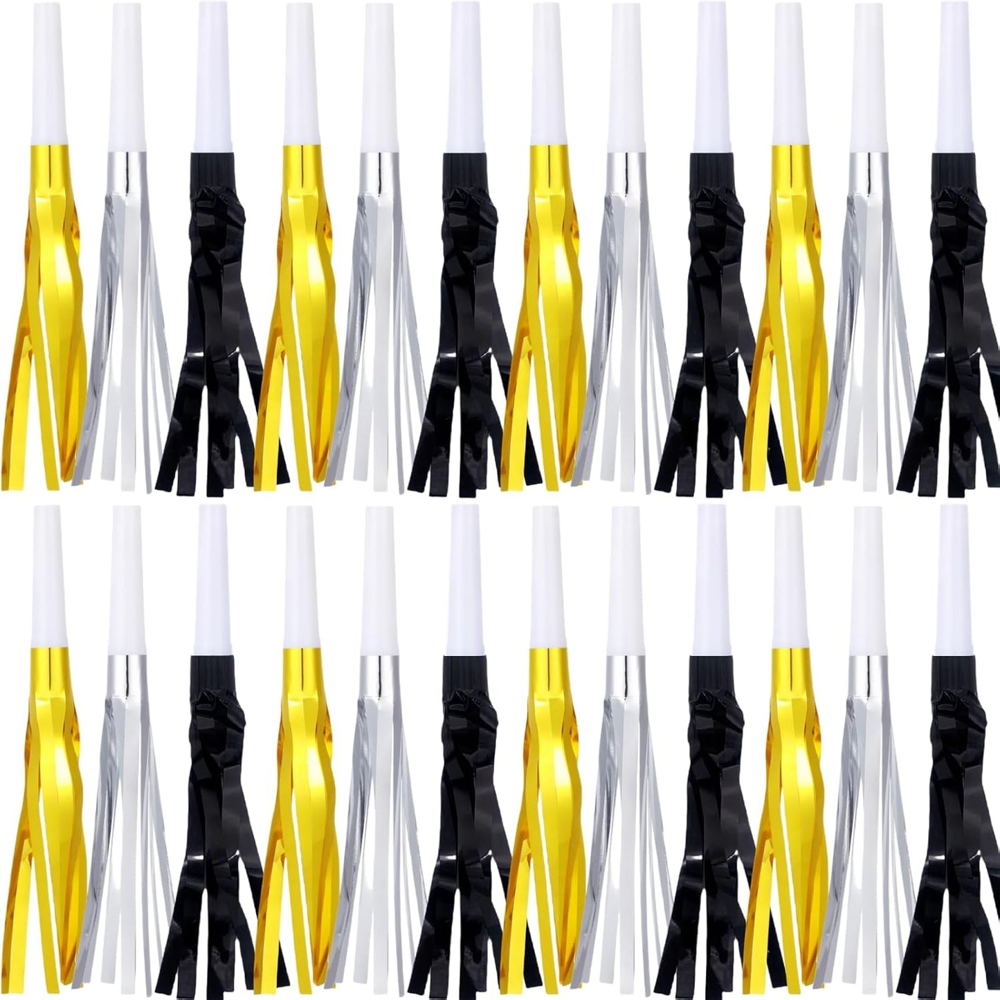 Metallic Fringed Noise Makers, for Noise Makers Party Favors, New Year Party, Baby Shower, Kids Birthday, 24 Pcs, Gold, Silver, Black
