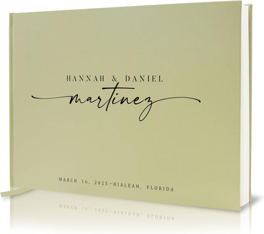Personalized Guest Book - 11.5" x 8.5" Custom Bride & Groom Names with Bookmark and Hard Cover 140 GSM Blank Pages, for Weddings Guest Book, Engagements, Birthdays, Special Events, Sage
