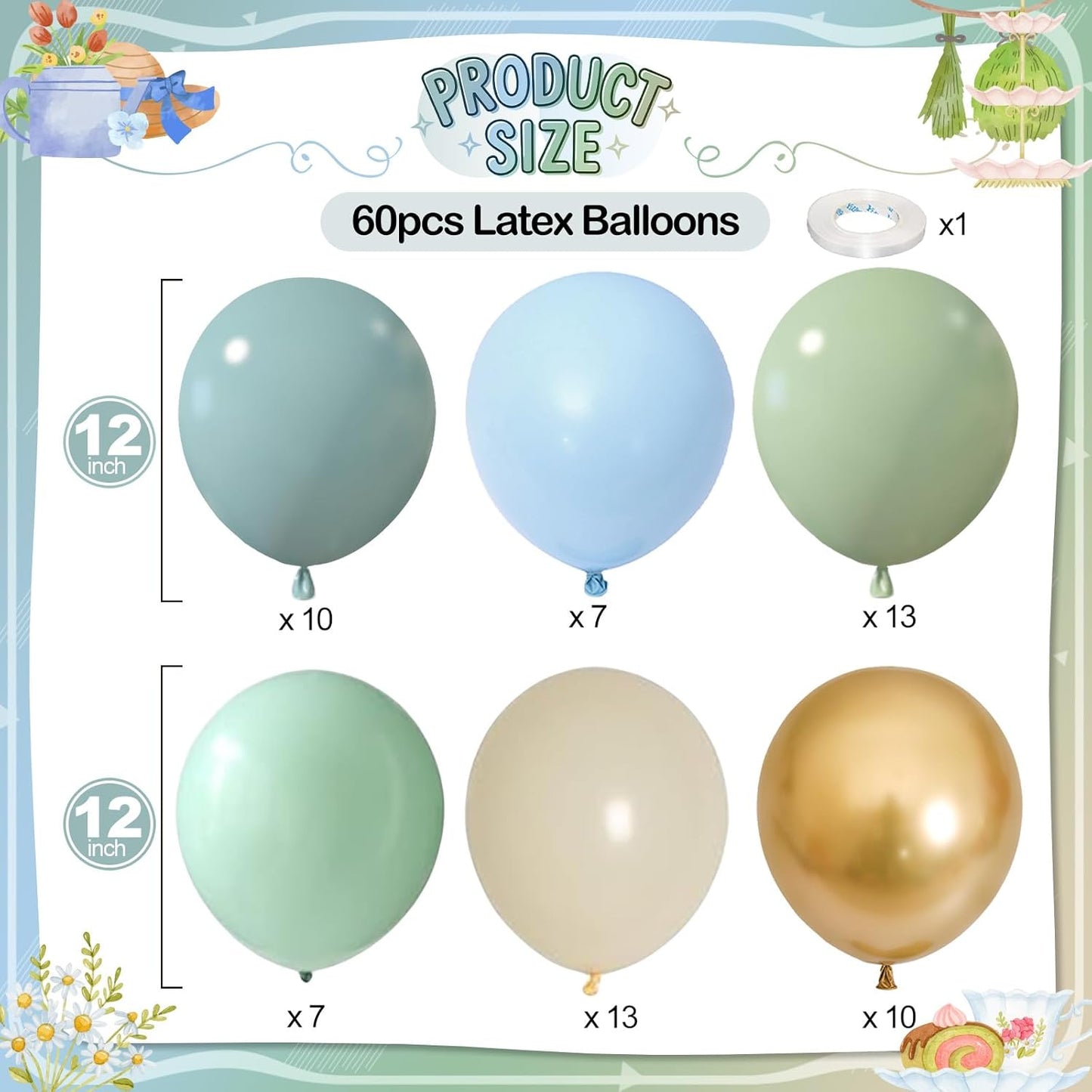Dusty Blue Green Balloons, 60 Pcs 12 Inch Haze Fog Blue Sage Green Balloons with Sand White Metallic Gold Balloon for Boho Baby Shower Wedding Birthday Engagement Bridal Shower Party Decoration