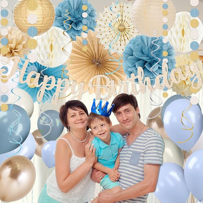 Dusty Blue Beige Champagne Women Birthday Decorations, Boho Neutral Boys Girls Blue Party Décor With Fog Cream Gold Balloons,Happy Banner Garland,Paper Lanterns, Honeycomb Tissue Pom Poms For Adults