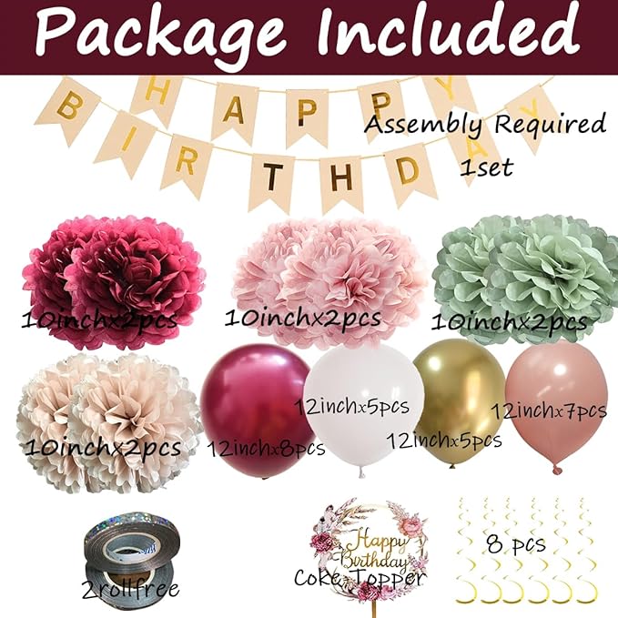 Burgundy Pink Birthday Decorations for Women with Happy Party Decor Balloons Banner Sage Tissue Pom Poms Gold floral Cake Topper and Hanging Swirls(Green Pink)