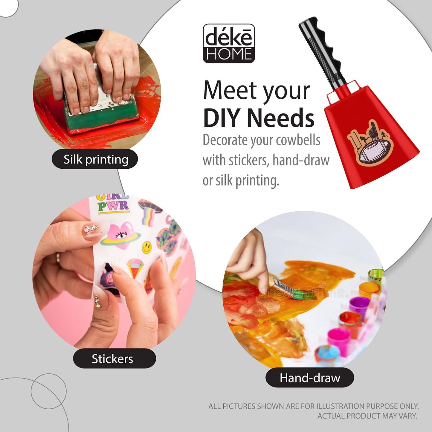 Deke Home - 2 Pack 10 Inch Steel Cowbells with Handle, Loud Noise Makers for Football, Sports, Parties, Competitions, School Spirit & Safety, Large Hand Bell for Cheering & Percussion Instrument