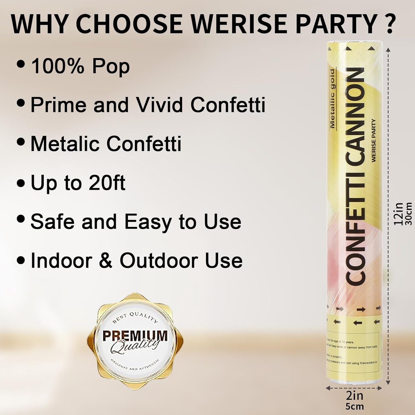 Gold Confetti Poppers Cannon, 6 Pack WERISE PARTY Gold Mylar Party Popper Shooter for Birthday, Wedding, Graduation New Year Celebration 12IN