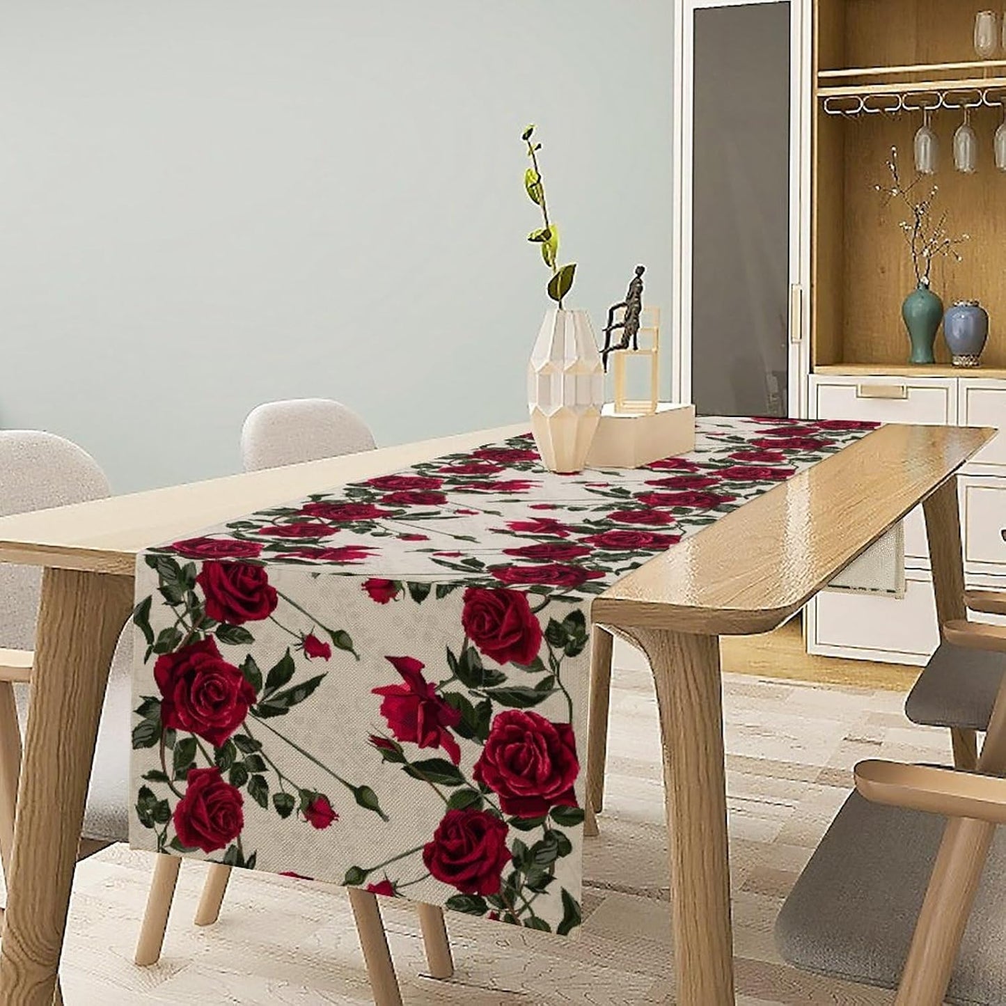 Rose Table Runner, Retro Red Rose Flowers Green Leaves Valentine's Day Kitchen Dinning Table Runner for Indoor Outdoor Home Wedding Party Holiday, 13x36 Inch