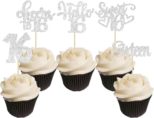 30pcs 16th Birthday Cupcake Toppers - Sixteen Happy Cupcake Picks, Cheers to Sweet 16 Cake Decorations - Silver Glitter