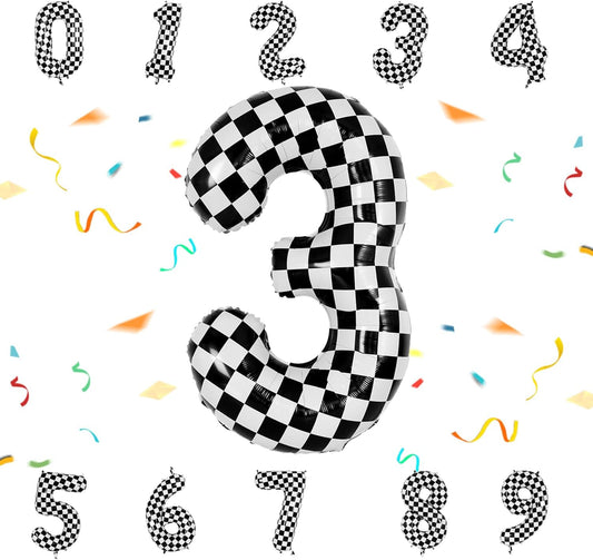 40 Inch Checkered Number Balloon - Race Flag Pattern Big Helium Balloon for Birthday Party Decorations - Black & White Balloon for Kids Adults Party Supplies (Racing Car, Number 3)