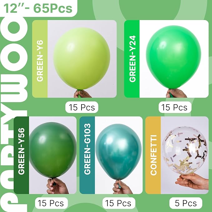 PartyWoo Green Balloons 65pcs 12 Inch Light Lime Dark Emerald Hunter Forest Metallic Green Gold Confetti Balloons for Baby Shower Wedding Engagement Jungle Woodland Birthday Party Decorations