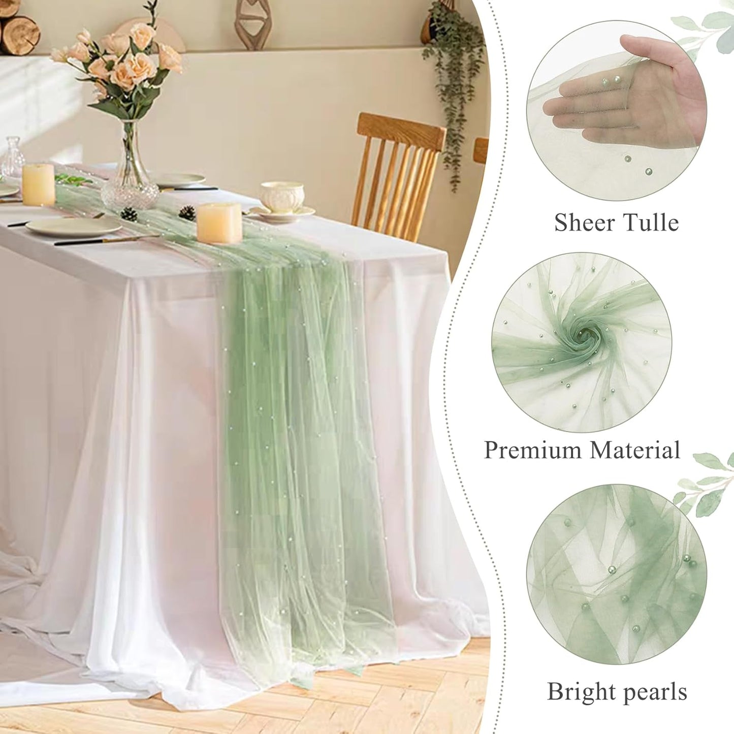 Pearl Table Runner 29 x 120 Inch Tulle Fabric Lace Table Runners Boho Rustic Tablecloth for Bridal Shower Birthday Party Wedding Arch Aisle Veil Dessert Table Decor(1 Pack, Sage Green)