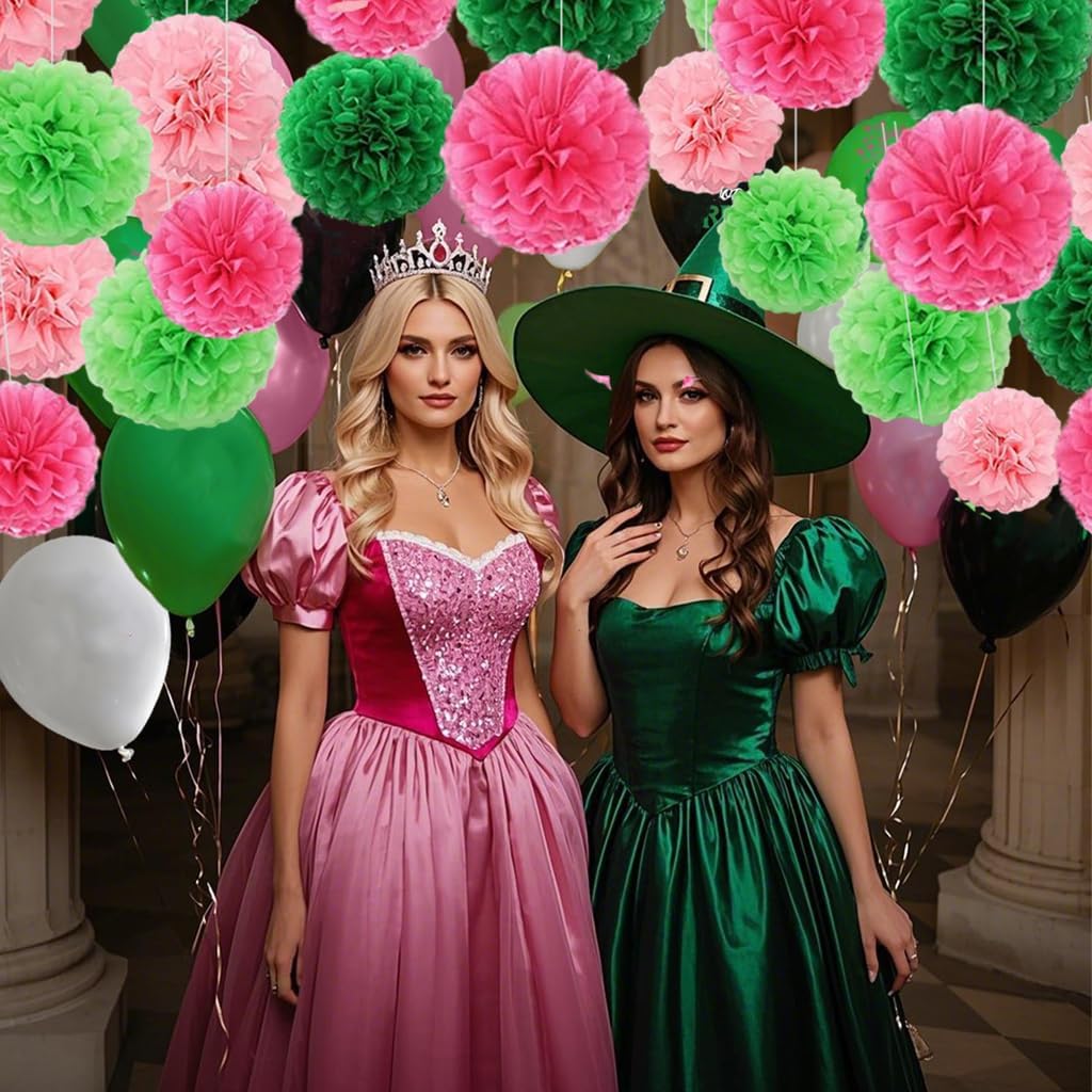Capesaro Pink and Green 12PCS Paper Pom Poms Party Decorations for Girl Birthday Party Summer Decoration, Hanging Paper Decor Tissue Paper Flowers