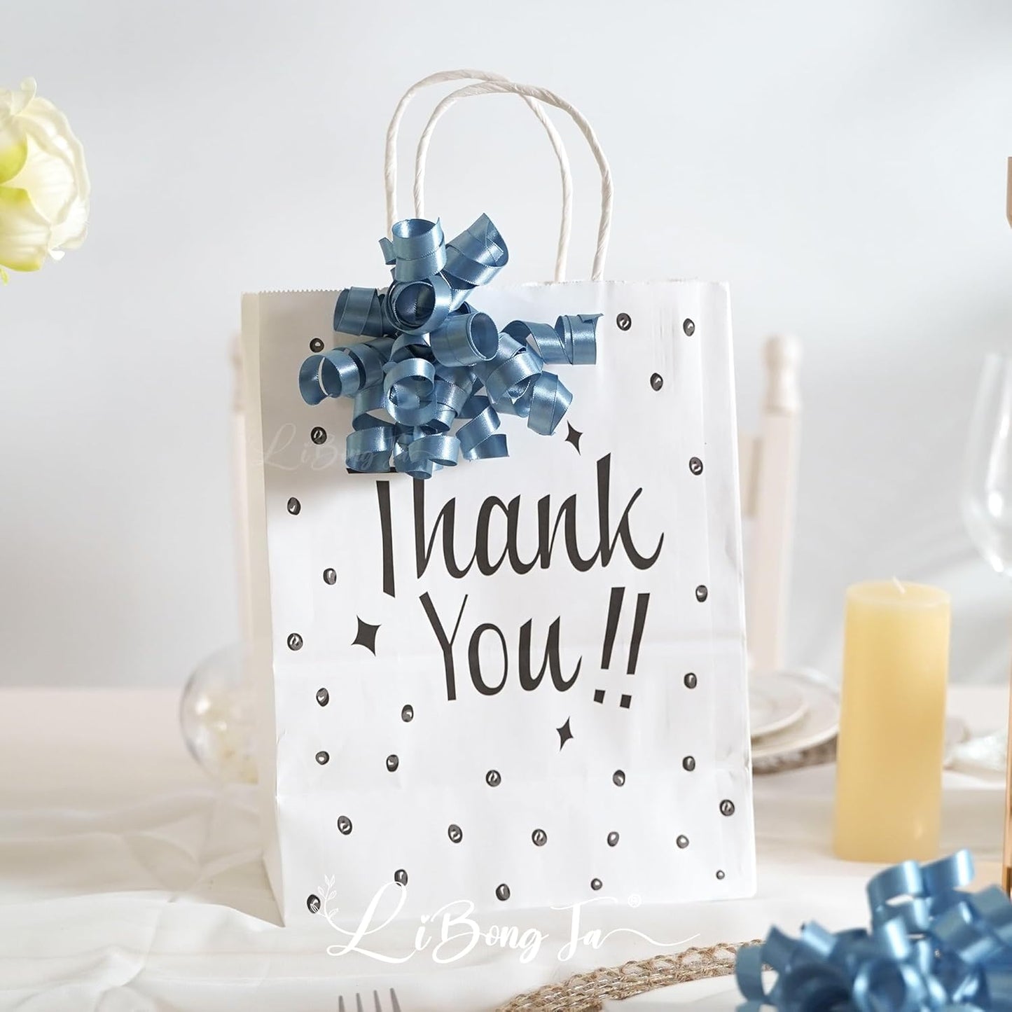 5'' Dusty Blue Bows Curly Ribbon Bows for Gift Wrapping, Satin Bows with Double-Sided Tape, Self Adhesive Bows for Party, Wedding, Birthday Decor, Premade Bows for Crafts, Wine Glasses-8 PCs