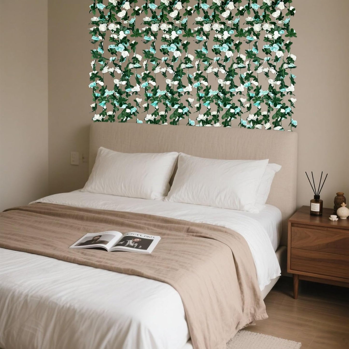 16Pcs 126Ft Teal&White Rose Garland, Fake Rose Hanging Flowers, Artificial Flower Vine, Hanging Floral Vine Garland for Wedding, Birthday Party, Wall Arch, Halloween, Christmas Garden Backdrop Decor