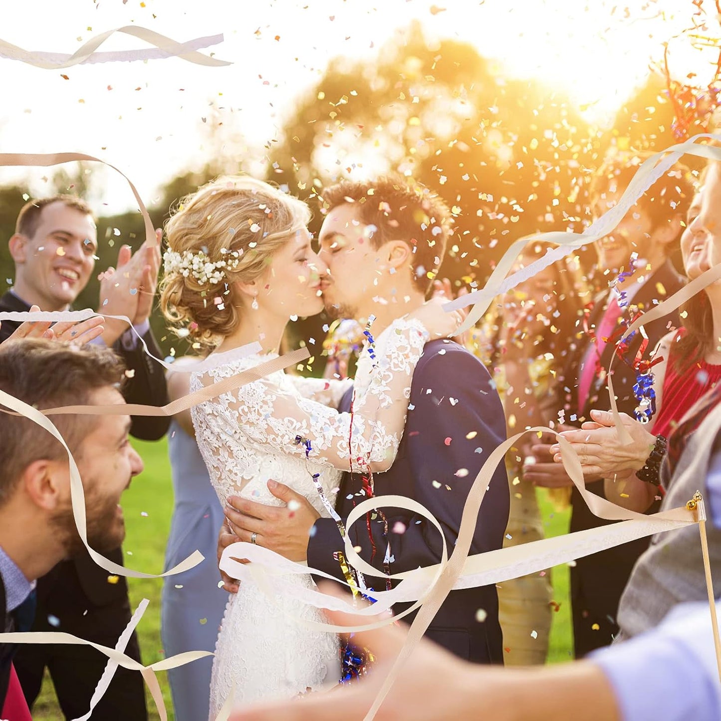 Sumind 40 Pieces Ribbon Wedding Streamers with Bells, Lace Fairy Wand Stick Party Ribbon Streamers Chromatic Silk Streamers for Party, Birthday and Holiday (Champagne)