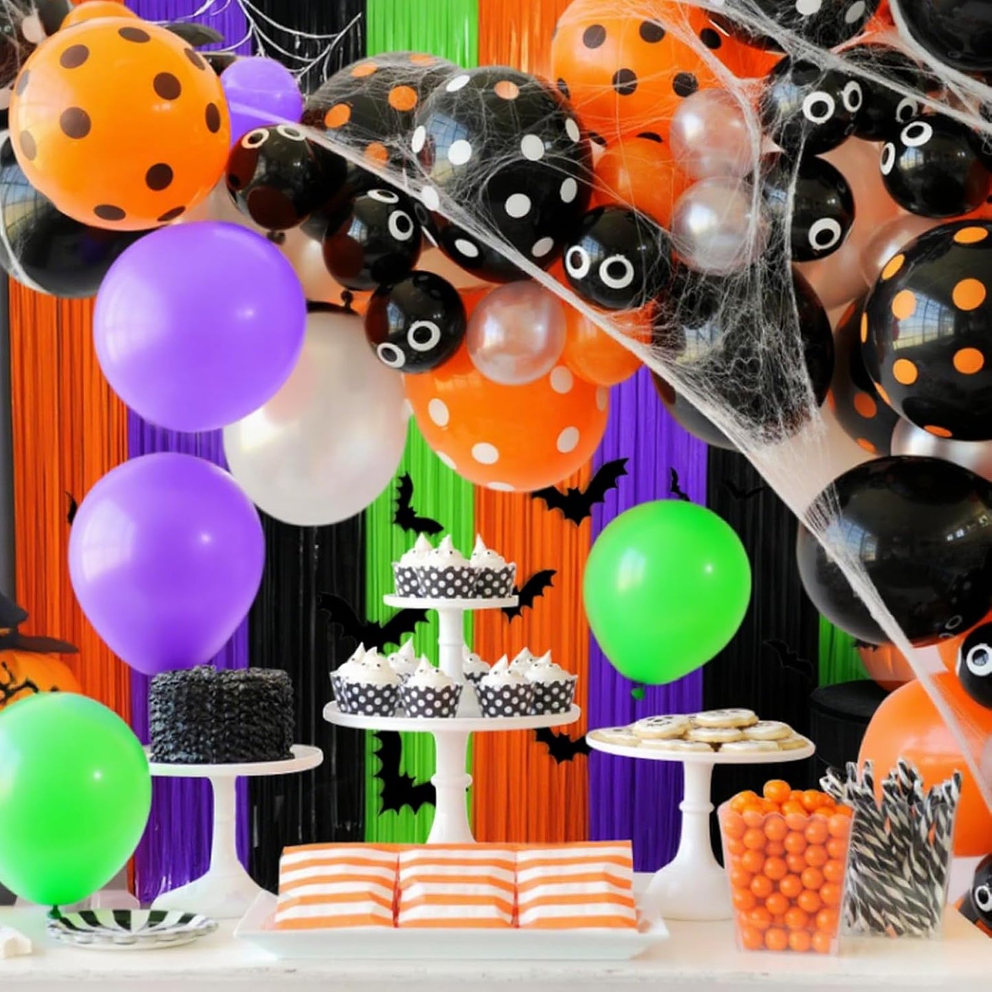 4 Packs Halloween Foil Fringe Curtain, Orange Black Purple and Green Metallic Tinsel Backdrop for Birthday, Baby Shower, Bachelorette, Halloween Party Decorations Favors Supplies Indoor Outdoor