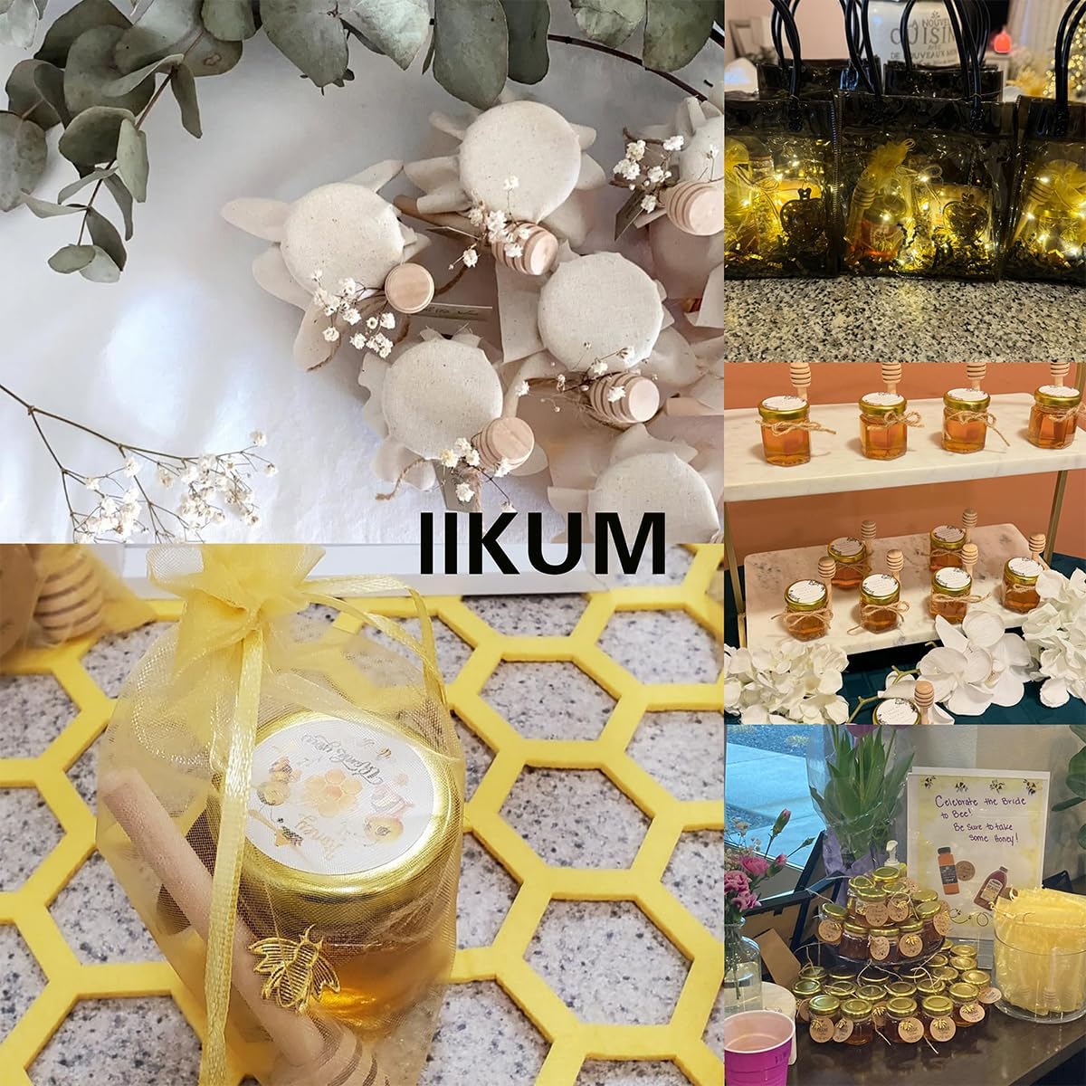 IIKUM 60 Pack 1.5 oz Hexagon Mini Glass Honey Jars with Wooden Dippers, Bee Pendants, Gift Bags, Thank You Cards, Jutes and Cute stickers- Perfect for Baby Shower, Wedding Favors and Party Favors