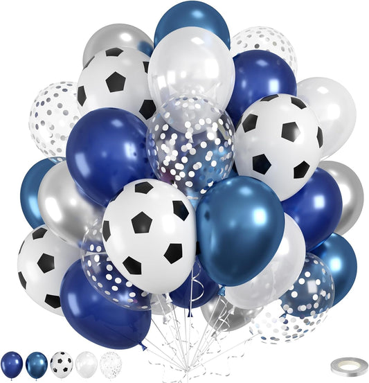 Soccer Balloons, 50pcs Metallic Blue Silver Balloons, White Pearl Navy Blue Balloon, Silver Confetti Balloon For Boys Men Birthday Baby Shower Soccer Football Theme Party Wedding Anniversary Decor