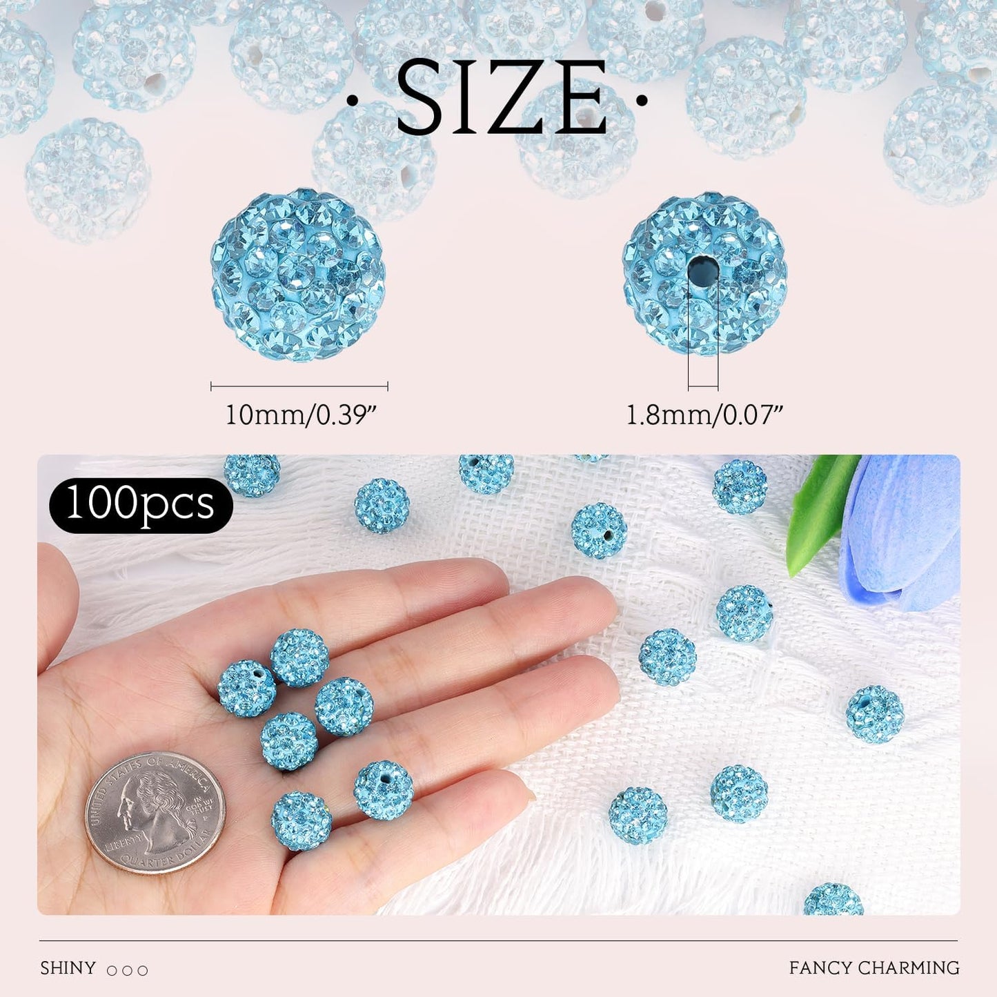 100 pcs 10mm Rhinestone Beads for Jewelry Making, Aquamarine Shiny Round Shamballa Disco Beads Bulk, Sparkle Crystal Clay Christmas for Bracelet Baseball Necklace Earring Crafting and DIY