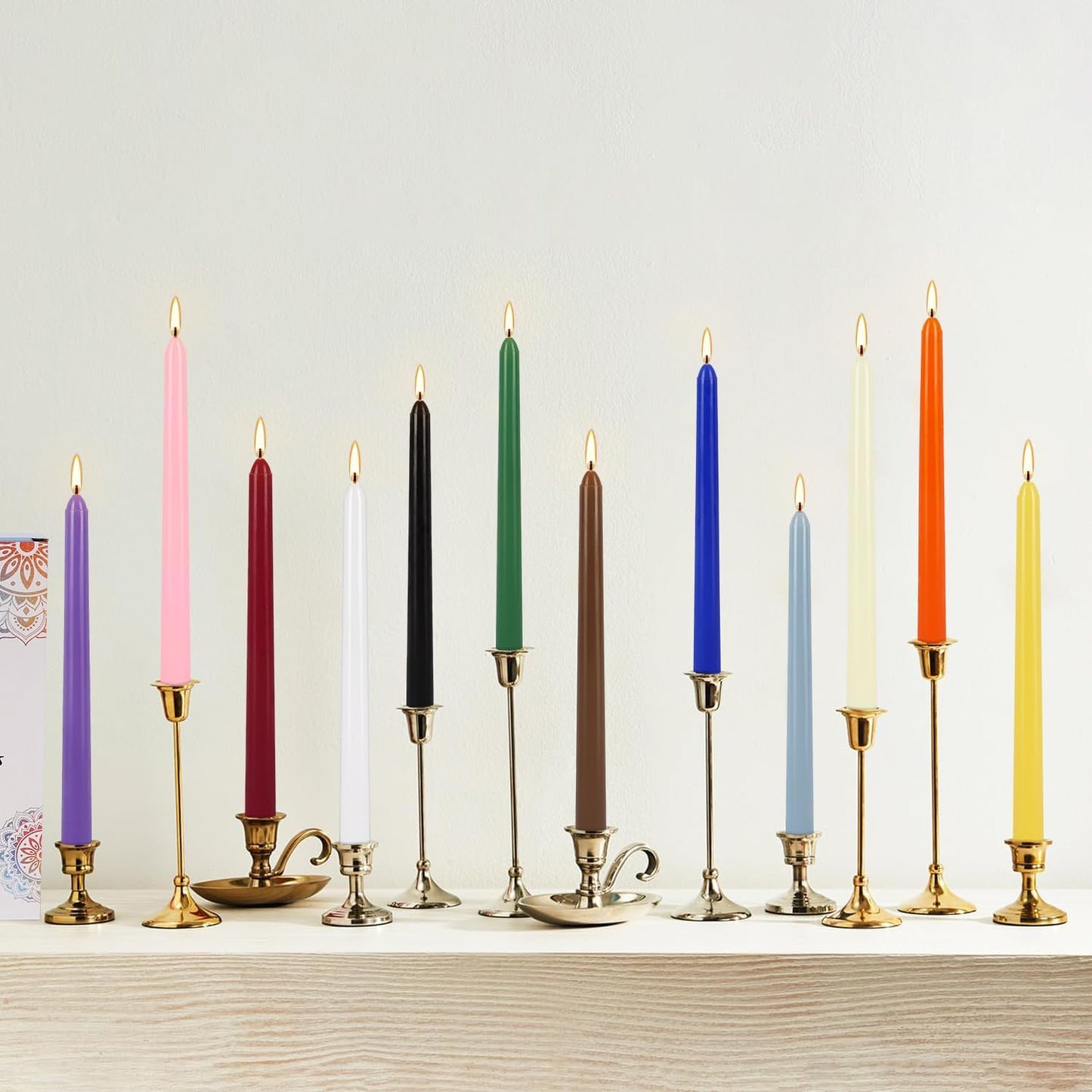 24 Colored Taper Candles, 7-8 Hours Burn Time, Unscented, Smokeless and Dripless, 0.75 x 10 Inch Dinner Candle Set for Household, Wedding, Party and Home Décor Candlesticks