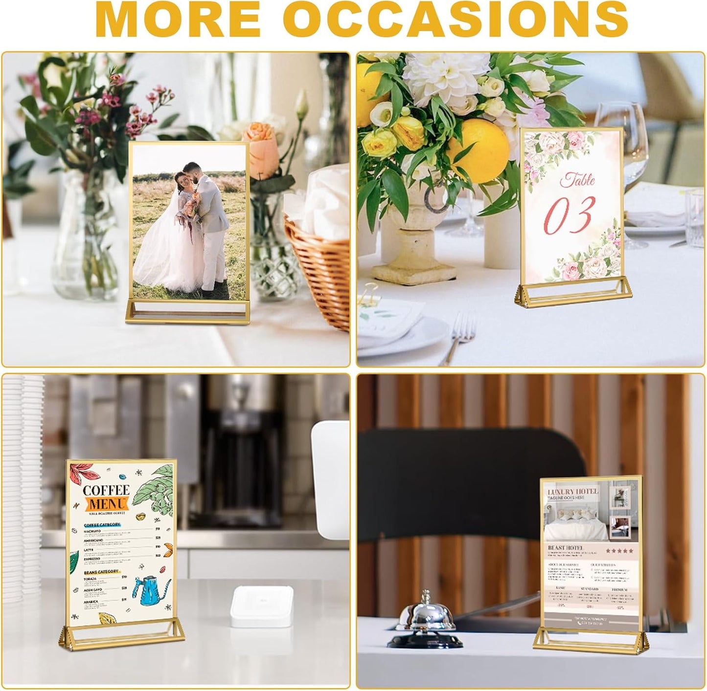 EHWINE 6 Pack Acrylic Sign Holder 5 x 7, Double Sided Gold Picture Frame Stand up Table Top Sign Holders, Clear Display Stand Menu Flyer Holder for Wedding Party