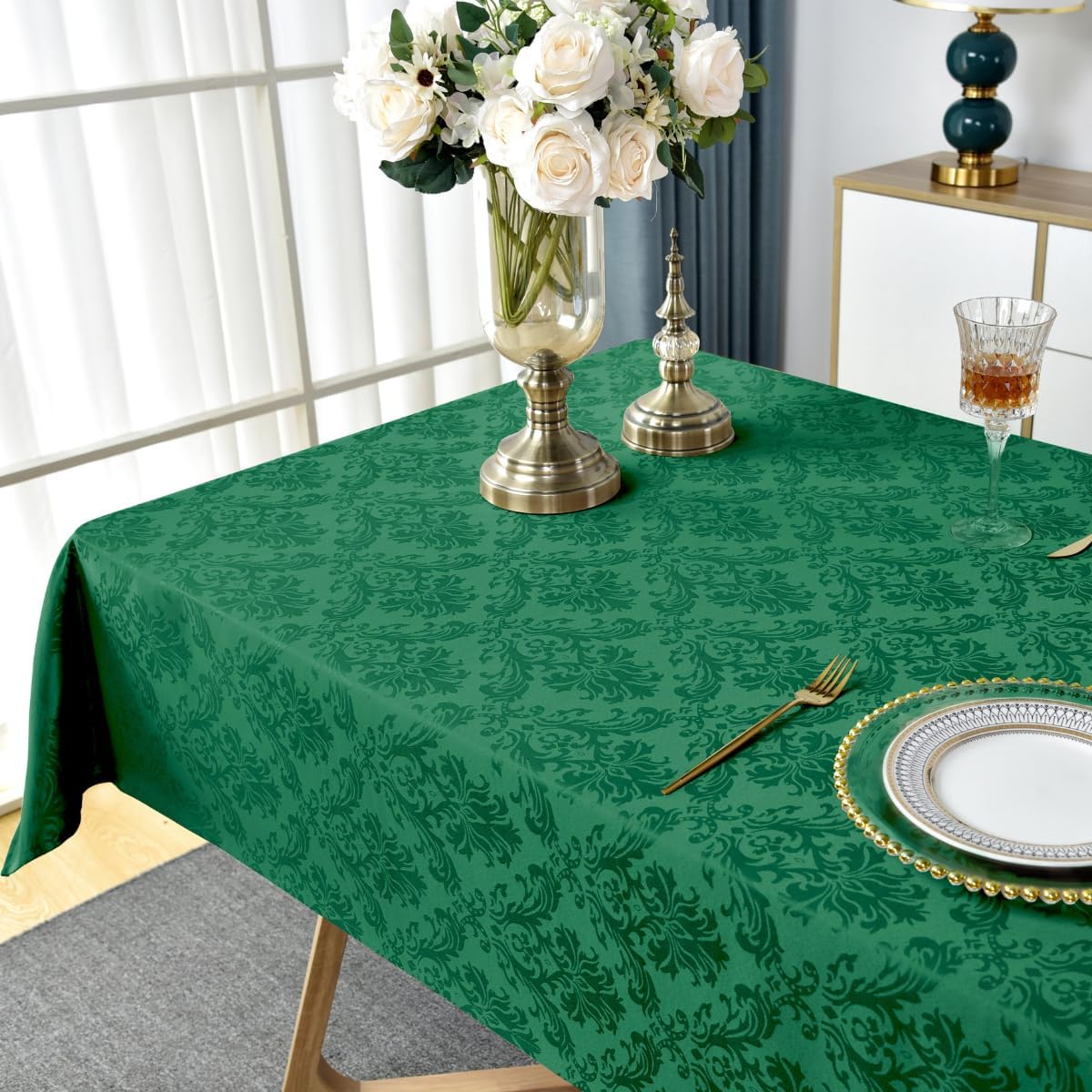 SASTYBALE Rectangle Jacquard Tablecloth, Damask Table Cloth SpillProof Wrinkle Resistant Tablecloths, Soft Polyester Oblong Table Cover for Kitchen, Dinner, Parties (Dark Green, 52X70)