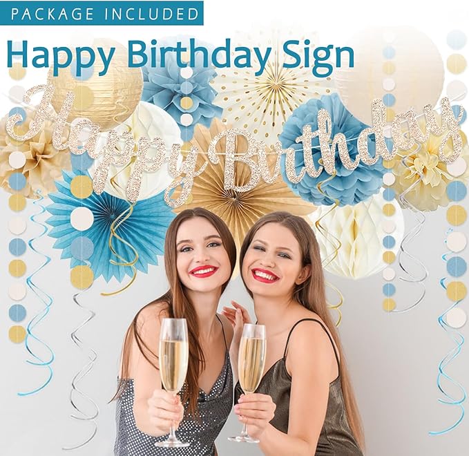 Dusty Blue Beige Champagne Women Birthday Decorations, Boho Neutral Boys Girls Blue Party Décor With Fog Cream Gold Balloons,Happy Banner Garland,Paper Lanterns, Honeycomb Tissue Pom Poms For Adults