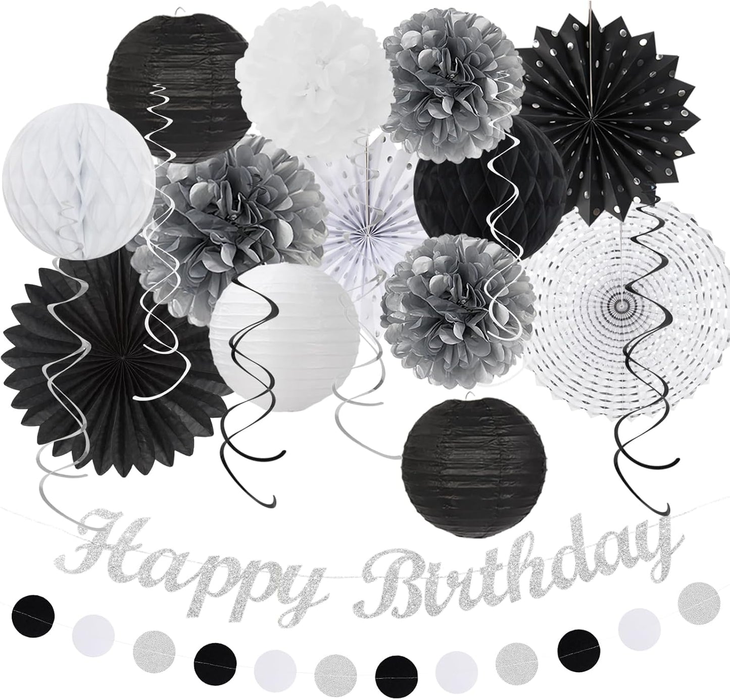 Black White Silver Birthday Party-decorations - 21pcs Boys Men Happy Banner,Paper Streamers Lanterns Honeycomb,Tissue Pom Poms Fan,Adult Supplies Decor 16th 20th 40th 45th 50th 60th Huglony