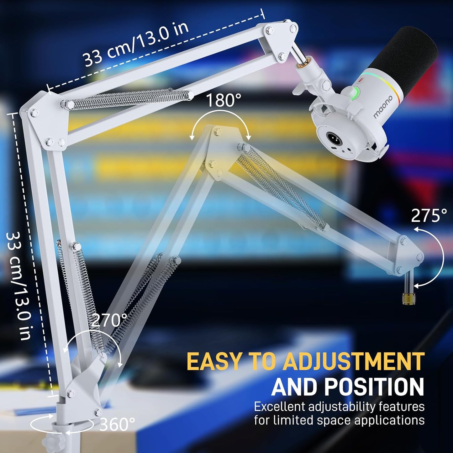 MAONO Boom Arm Microphone Stand: Adjustable Metal Suspension Mic Boom Arm for Podcasting Gaming Streaming Recording,with Desk Clamp and 3/8" to 5/8" Screw Adapter-Max Load 1KG BA20 White