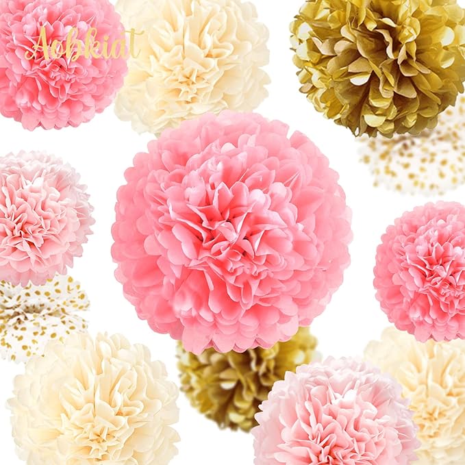 AOBKIAT Birthday Decorations for Girls Women,12PCS Pink Gold Tissue Paper Pom Poms,for Party,Wedding,Baby Shower,Bridal Shower,Princess Party